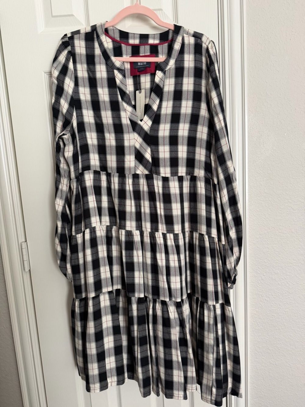 Maeve Anthropologie Plaid Tiered Mini Dress XL Black White Long Sleeve NWT